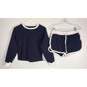 J Crew Sweatshirt Shorts Set XS Navy Blue White Terry Cotton Pullover Nautical